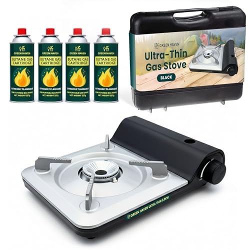 GREEN HAVEN Ultra Slim Portable Butane Gas Stove – Compact Single Burner Camping Cooker for Indoor & Outdoor Use, Lightweight Tabletop Gas Hob with Piezo Ignition, Heat Control & Carry Case