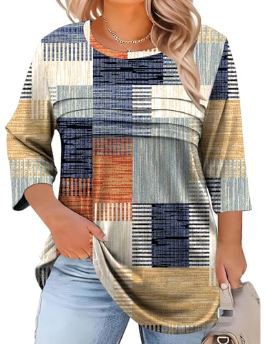 LOMON Plus Size Women Blouses 3/4 Length Sleeve Tops Crewneck Pleated Casual Tees Shirts 1X-5X