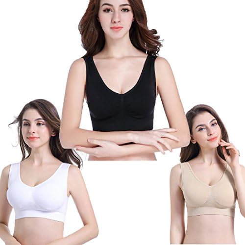 PRETTYWELL Sleep Bras for Women, Comfort Seamless Wireless Stretchy Sports Bra,3 Pack Yoga Bras, with Removable Pads (5XL, Black/White/Nude)