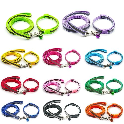 Small Dog Puppy Pet Collar and Lead Set Reflective Hi-Vis Strip Nylon Adjustable Size 19-32cm Collar with Bell and 120cm Leash Lime Green - Image 4