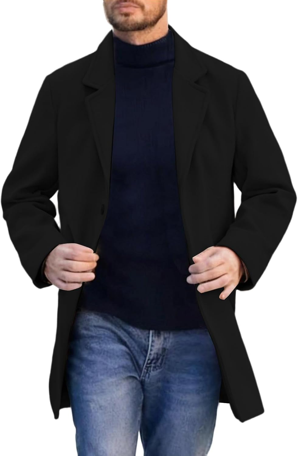 YRAETENM Men's Trench Coat Slim Fit Single Breasted Notch Lapel Business Jacket Overcoat Casual Winter Pea Coats with Pockets