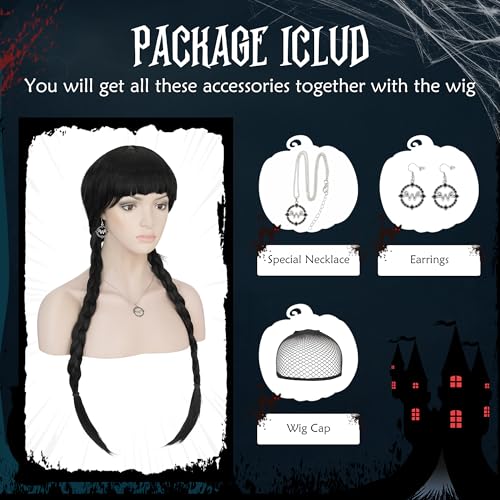 Image of S-noilite Wednesday Addams Braided Black Wig Set, Long Braids Wigs with Bangs for Women Gothic Costume Cosplay Party Halloween w. Earrings and Necklace+Wig Cap