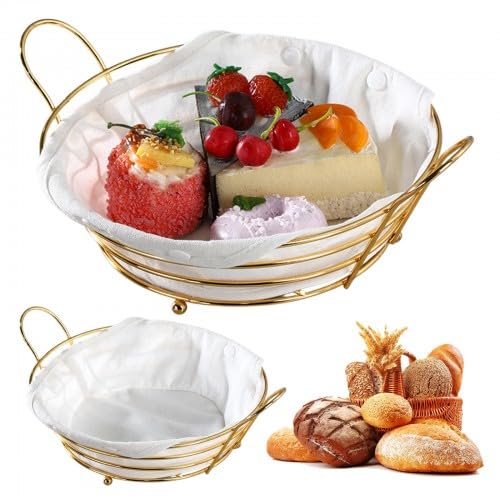 Aurafly 2 Piezas Cesta Desayuno para Pan, cesta de pan de Color Dorado Paneras de Mesa Conjunto de Cestas Pan de Metal para Almacenamiento de Repostería