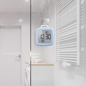 Shower Clock Digital Kitchen Bathroom Countdown Timer, Waterproof for Water Splashes, Temperature Humidity Display, Standing Wall Clock for Shower Cooking Study Makeup Blue