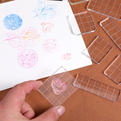 Larrel 8 Stück Acryl Stempelblock Set, Transparent AcrylBlöcke Stempel Set Acrylblock Stempel mit Gitterlinien Acryl Stanzblöcke für Scrapbook Fotoalbum Kartenherstellung, Crafts Making