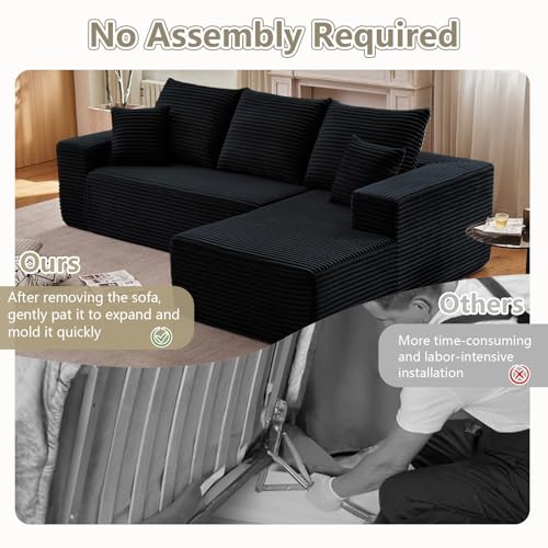 Image of 95.8 inch Cloud Sectional Couch with L-Shape Chaise, Modern Modular Comfy Sofa Chaise Longue, Upholstered Corduroy Couches Sleeper with Deep Seat for Living Room Bedroom, No Assembly Required, Black