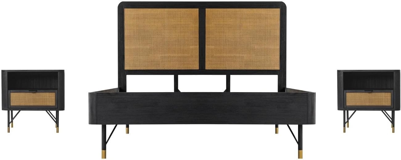 HomeStock Queen Bedroom Set Black Acacia Wood Rattan 3 Piece Bed Nightstands