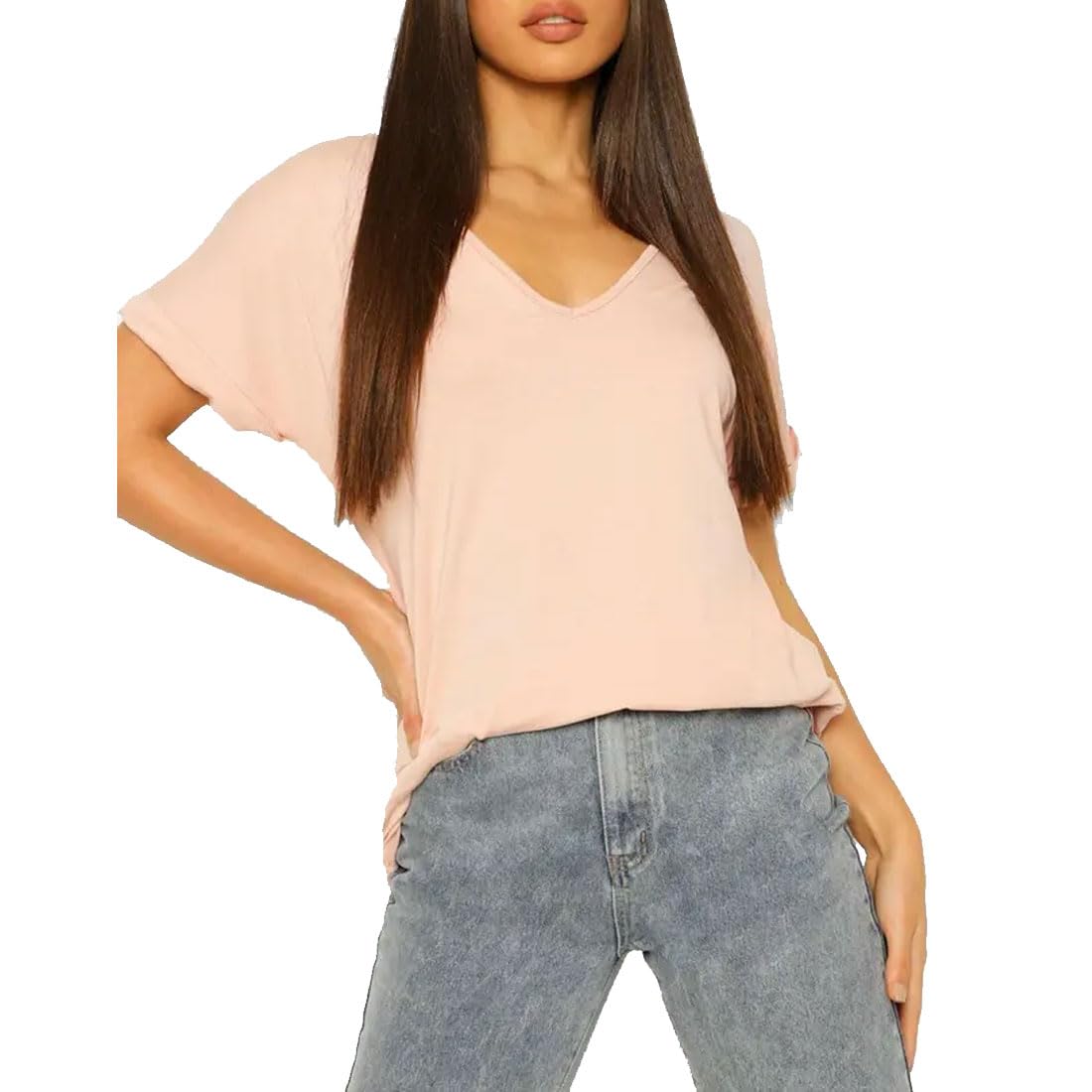 Fairy Boutique Women's Nude Turn Up Sleeve V Neck T Shirt Oversized Baggy Batwing Top Plus Size T Shirt