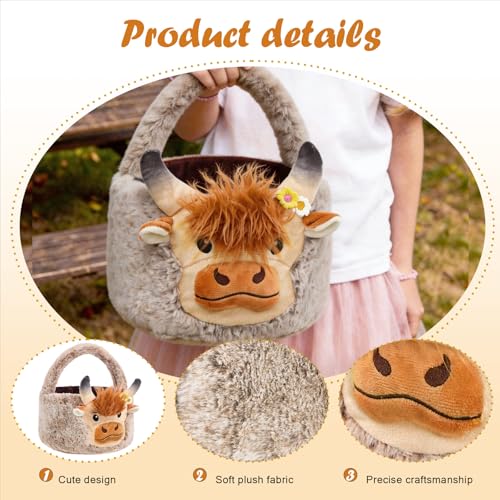 Image of Easter Basket, Soft Highland Cow Plush Baskets, Easter Egg Hunt Buckets, Easter Decorations Indoor Outdoor, Cute Easter Gifts