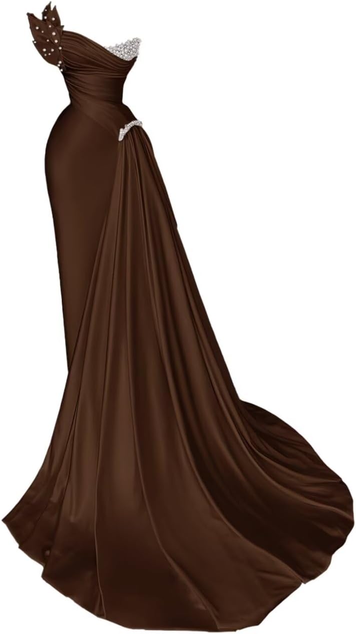 Zeeyecie Strapless Beaded Prom Dresses for Women 2025 Satin Mermaid Ruched Long Evening Formal Ball Gowns with Train