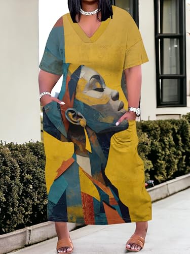 Image of Plus Size Maxi Dress for Women Short Sleeve V Neck Casual Loose Sundress with Pockets