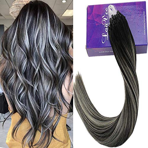 LaaVoo Keratin Remy Human Hair Micro Beads Extensions Balayage Ombre Off Black to Grey Silver Ring Loop Cold Fusion Human Hair 14 inch 50 Strands Salon Quality Hair Extensions