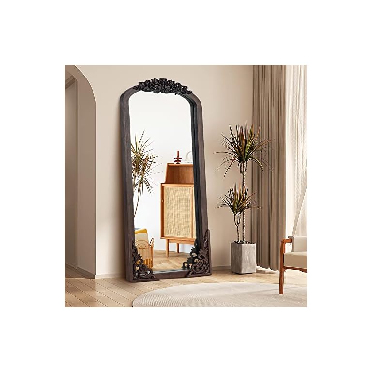 NeuType Arched Full Length Mirror Vintage Carved Mirror Solid Wood Frame Wall Mirror for Home Decor Bathroom Entryways Living Rooms Dressing Mirror, Charcoal Grilled, 65"x 22"
