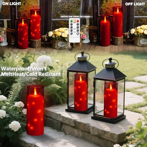 Image of kakoya 11 inch x 4 inch Large Outdoor Waterproof Flameless LED Candles with Remote and Timer,Acrylic Pillar Candles Battery Operated with Embedded Star String for Porch,Patio,Outdoor Decor,Set of 2(Red)
