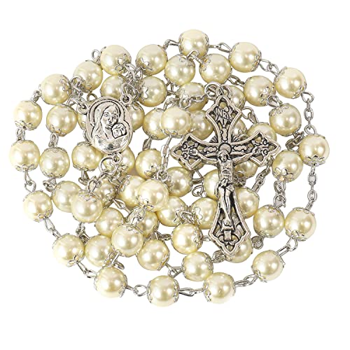Nazareth Store Rosário de pérolas de cor creme, colar católico, medalha de solo sagrado, cruz cristã, Terra Santa, presentes religiosos, liga de zinco, sem gemas., L, Zinco, Sem Pedra Preciosa