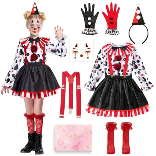 TOSZOLY Costume da Clown per Bambina, Halloween Costume Outfit con Cappello, Guanti, Calze, Adesivi Trucco, Vestito Clown Bambina Vestito da Giullare Spaventoso per Halloween Carnevale Cosplay (L)