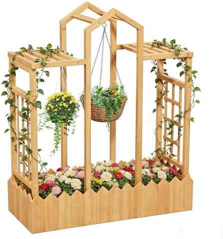 Raised Garden Bed with Trellis, Wood Elevated Planter Box with Tr...