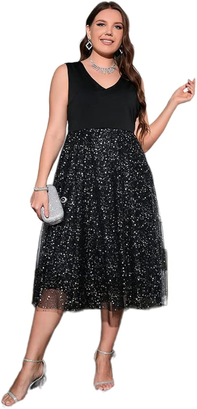 Akivide Plus Size V Neck Sleeveless Contrast Mesh Cocktail