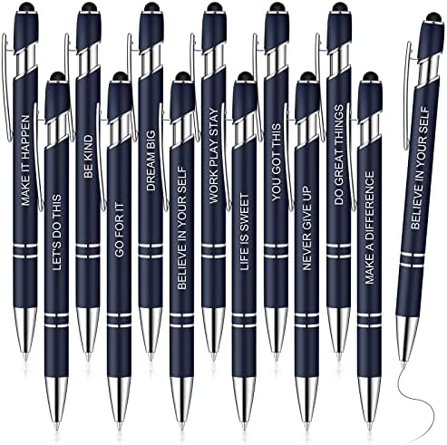Zonon 12 Pieces Quotes Pen Inspirational Ballpoint Pen with Stylus Tip Motivational Messages Pen Metal Inspirational Pen Set Metal Black Ink Pens Stylus Pen (Motivational Style, Navy)