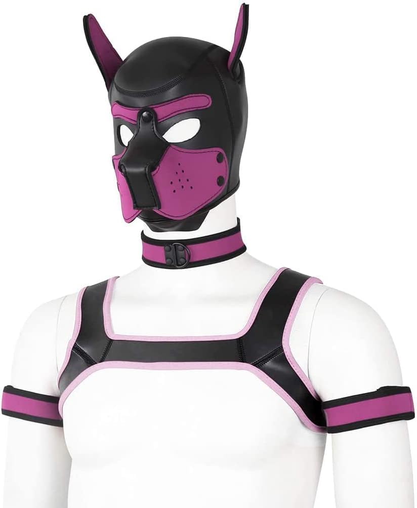 Adults Neoprene Puppy Hood Camo Full Face Mask Cosplay Costume Dog Head Masks (Pink Set, Large)