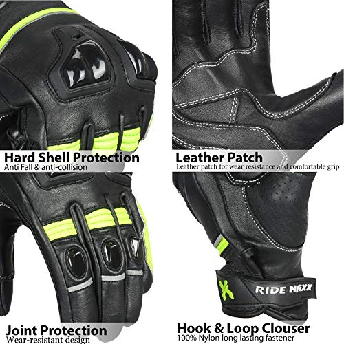 Ride Maxx Genuine Leather Motorbike Gloves Motorcycle Gloves Atv Riding Gloves Touch Screen Hard Knuckle Powersports Racing Gloves (Racing Green, L) #TOP4