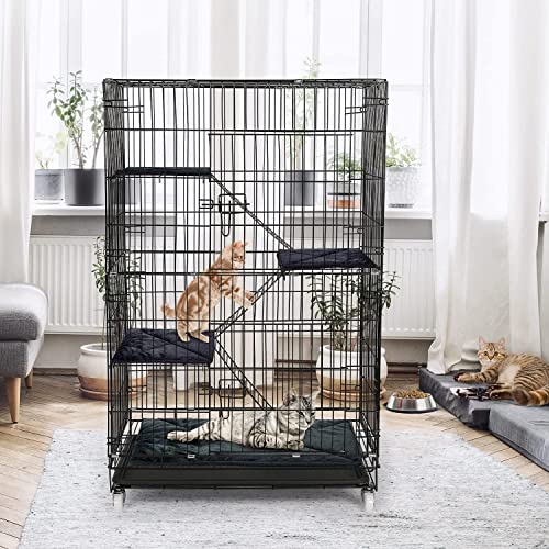 ybaymy Jaula para gatos grande con 4 niveles plegable para gatos con 360 ruedas giratorias rampa escaleras, balcón interior exterior jaula de metal para 1-3 gatos, 90 x 57 x 125 cm