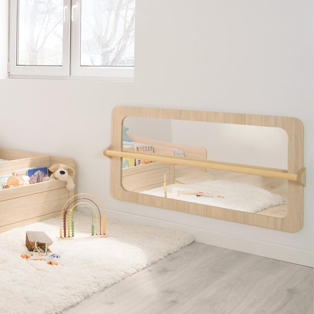 Bainba Espejo Montessori bebé con Barra Abedul | 3 Posiciones Regulables | Cristal Irrompible de Seguridad | 112 x 60 cm | Fijación en la Pared | Hecho en España