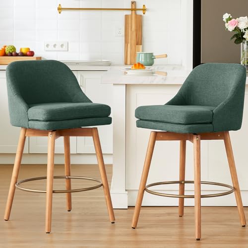 Image of kinmars Modern Bar Stools Set of 2,Swivel Counter Height Bar Stools with Soft Upholstered Back,Thick Seat,Wooden Legs, 27 inch Counter Stools for Kitchen Island (Green, 2 Pieces - 27 inch Counter Height)