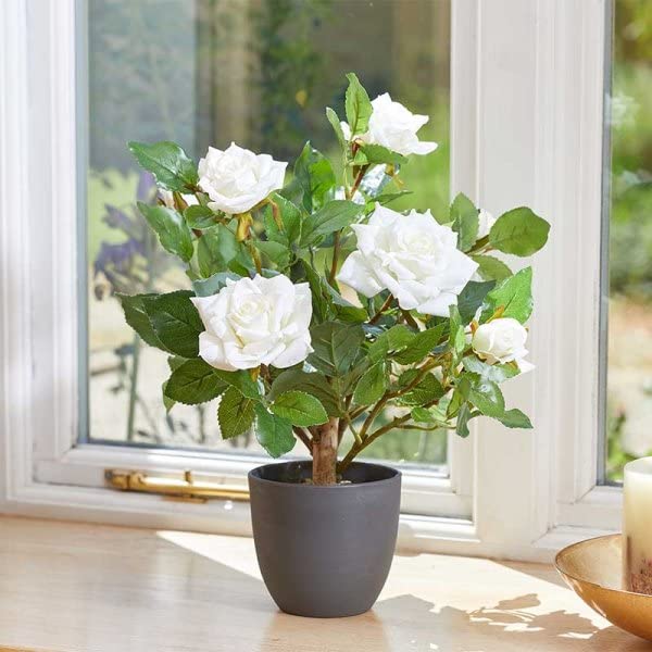 Garden Mile 40cm Artificial Rose Plant White Fake Flowers in Pot Realistic Potted White Roses Plant Faux Indoor Home Office Decoration Outdoor Rose Bush in Pot โ image 1