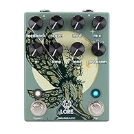 The Lore comes coated in a muted green enclosure with Cream, Orange, brown and dark green ink with art by David Huttner The die-cast enclosure’s exact size is 3.62” x 4.79” x 2.25” including knobs Buffered bypass Power requirements are 9VDC, center n...