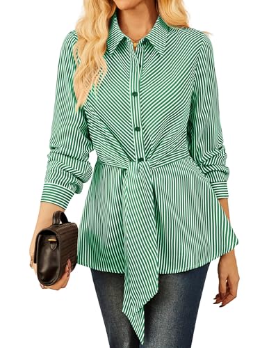 GRACE KARIN Damen Business Langarmshirt Gestreifte Taillengürtel Hemdbluse Schlankheit Rüschen Saum Tunika Grün L