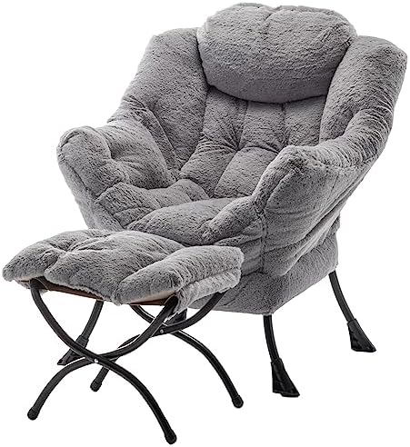 Lazy Chair with Ottoman, Modern Soft Reading Chair Accent Contemporary Lounge Leisure Sofa Chair with Armrests and a Side Pocket for Living Room, Bedroom, Dorm & Office, Plush Grey