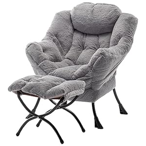 Lazy Chair with Ottoman, Modern Soft Reading Chair Accent Contemporary Lounge Leisure Sofa Chair with Armrests and a Side Pocket for Living Room, Bedroom, Dorm & Office, Plush Grey