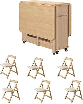 Extendable Solid Wood Drop Leaf Table, Folding Dining Table Set Space Saving Compact Design for Home Living Room Restaurant Mobile Kitchen Table,4 chairs