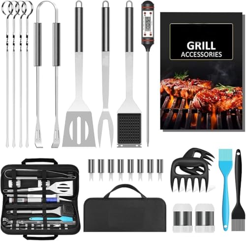 Juego de 25 utensilios para barbacoa, juego de accesorios para parrilla de acero inoxidable, kit para cocinar de camping y cocina, con bolsa, utensilios de barbacoa portátiles, regalo para hombre y