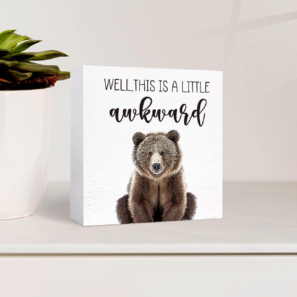 SJNH Funny Wood Sign 'Well This Is A Little Awkward' for Bathroom Shelf, Toilet, Restroom - Bear Block Sign for Home, Tabletop, Desk Decor - Farmhouse Wooden Box Sign - Image 3