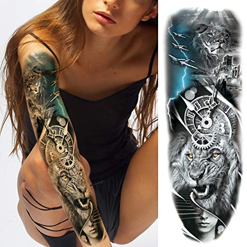 6 Sheets Padoun Lion Tiger Temporary Tattoos Sleeve, Full Arm Sleeve Tattoos Temporary, Fake Large Animal Tattoo Sticker For Men Women Girls Adults #TOP3