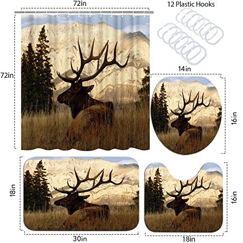 Atgowac Elk Shower Curtain Set With Rugs And Bath Mat, Woodland Animal Deer Shower Curtain Cabin Bathroom Decor Set #TOP4