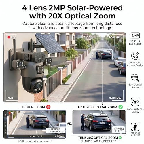 Image of Golens V67H 4G Solar Security Camera with Dual Solar Panel, 4 Lens AI Speed Dome, 20X Zoom, Auto Tracking, Night Vision, Two-Way Audio, 31200mAh Battery, Outdoor CCTV Camera