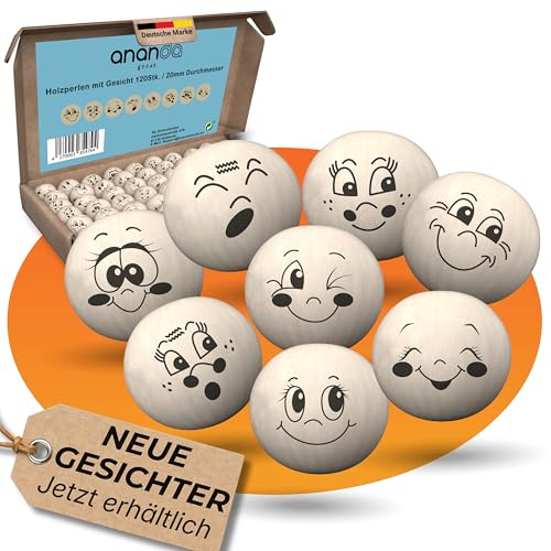 Ananda Goods 120 Holzperlen mit Gesicht – 20mm Holzkugeln mit 8 süßen Gesichtern – perfekt für Sorgenwürmchen, Glückswürmchen, DIY Schlüsselanhänger, Dekoration & kreative Geschenkideen