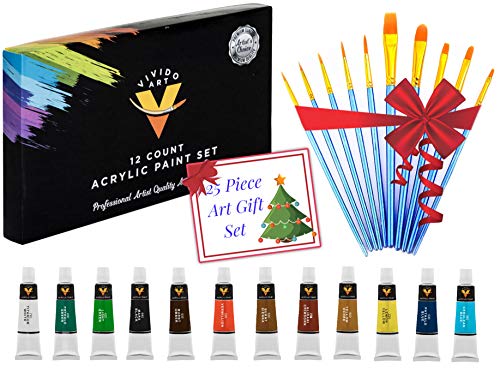 Paint Acrylic Paint Set & BONUS Paint Brushes Set for Artists - Gift for Artists - Paint for Canvas, Wood, Glass, Ceramic, Fabric, Crafts, Nails, Rocks, Models. Heavy Body Acrylic Paint Kit (12 Piece)
