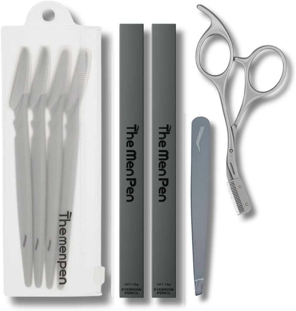 The Men Pen Complete Eyebrow Grooming Kit for Men | Scissors, Tweezers, Razors & 2 Eyebrow Filler Pens for Shaping | Trimming & Defining Brows | Light Brown