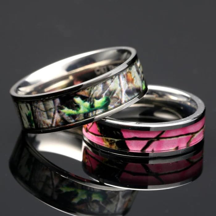 4pcs His Hers Camo Pink Radiant Stainless Steel Sterling Silver Wedding Ring Set3