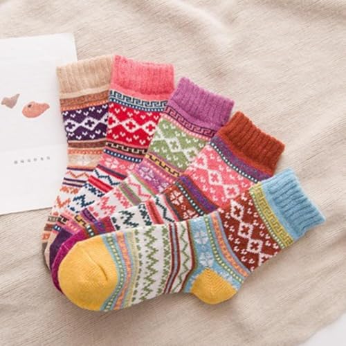 Image of Women Winter Socks 5 Packs Wool Socks Gifts for Mom Warm Vintage Soft Christmas Socks Thick Cold Knit Crew Socks