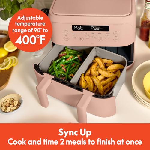 Image of bella 4 Qt TriZone Air Fryer, EverGood Ceramic Nonstick Coating, Dual Basket Design w Removable Divider, Digital Touchscreen Control w 6 Preset Cooking Options, 1200 Watt, 3lb Capacity, Blossom