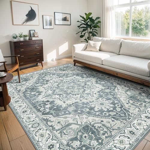 Deerly Large Washable Area Rug 8x10 for Living Room Bedroom Boho Vintage Oriental Rug for Dining Room Non-Slip Soft Low-Pile Farmhouse, Canal Blue/Multi
