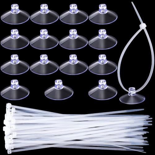 PAGOW 15 Pcs Aquarium Suction Cups with 30pcs Zip Ties, Suction Cup for Fish Tank Plants Binding Moss Shrimp Nest Landscape Fixation, Utility Sucker Pad Without Hooks for Kitchen Hanging Organization
