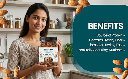 Image of Avogro Premium California Almonds 1KG | Real Nuts Badam Giri| High in Fiber | Rich in Protein | Magnesium, Phosphorus, Dietary Fibre | Nuts & Dry Fruits | Jar Pack Of 1