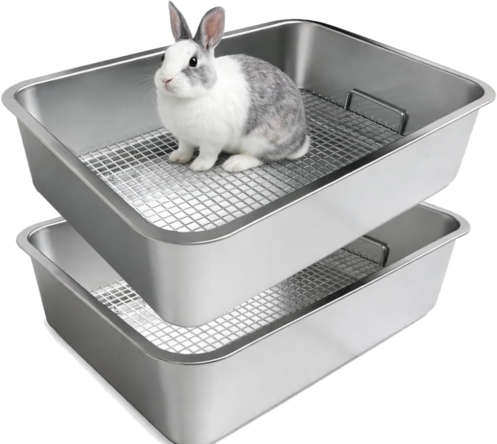 2 Pack Large Stainless Steel Rabbit Litter Box with Removable Grids, High Side Bunny Toilet Tray, Chew-Resistant Litter Pan for Rabbits, Guinea Pig, Ferret, Rat (19.5 x 13.6 x 6 in)