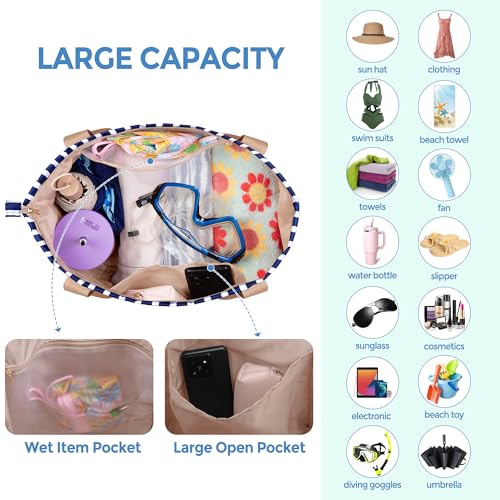 Fasrom Beach Bag for Women with Zipper, Waterproof Beach Tote with Wet Dry Compartment and Small Pouch for Pool, Swim, Travel2